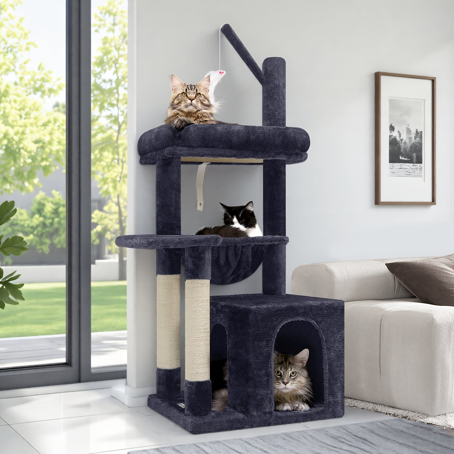 46" Sturdy Cat Tree Tower with Condo, Hammock & Scratching Posts – Ideal for Maine Coons & Large Cats