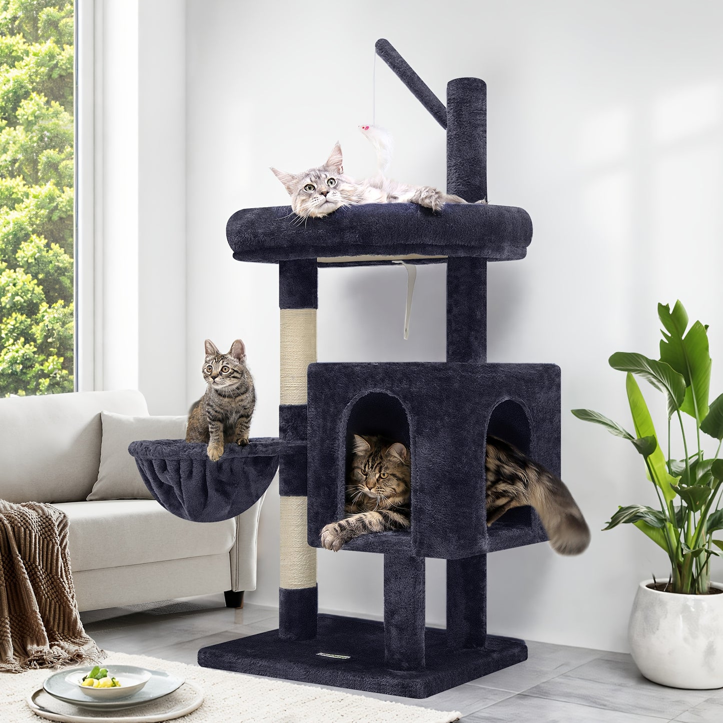 46" Sturdy Cat Tree Tower with Condo, Hammock & Scratching Posts – Ideal for Maine Coons & Large Cats