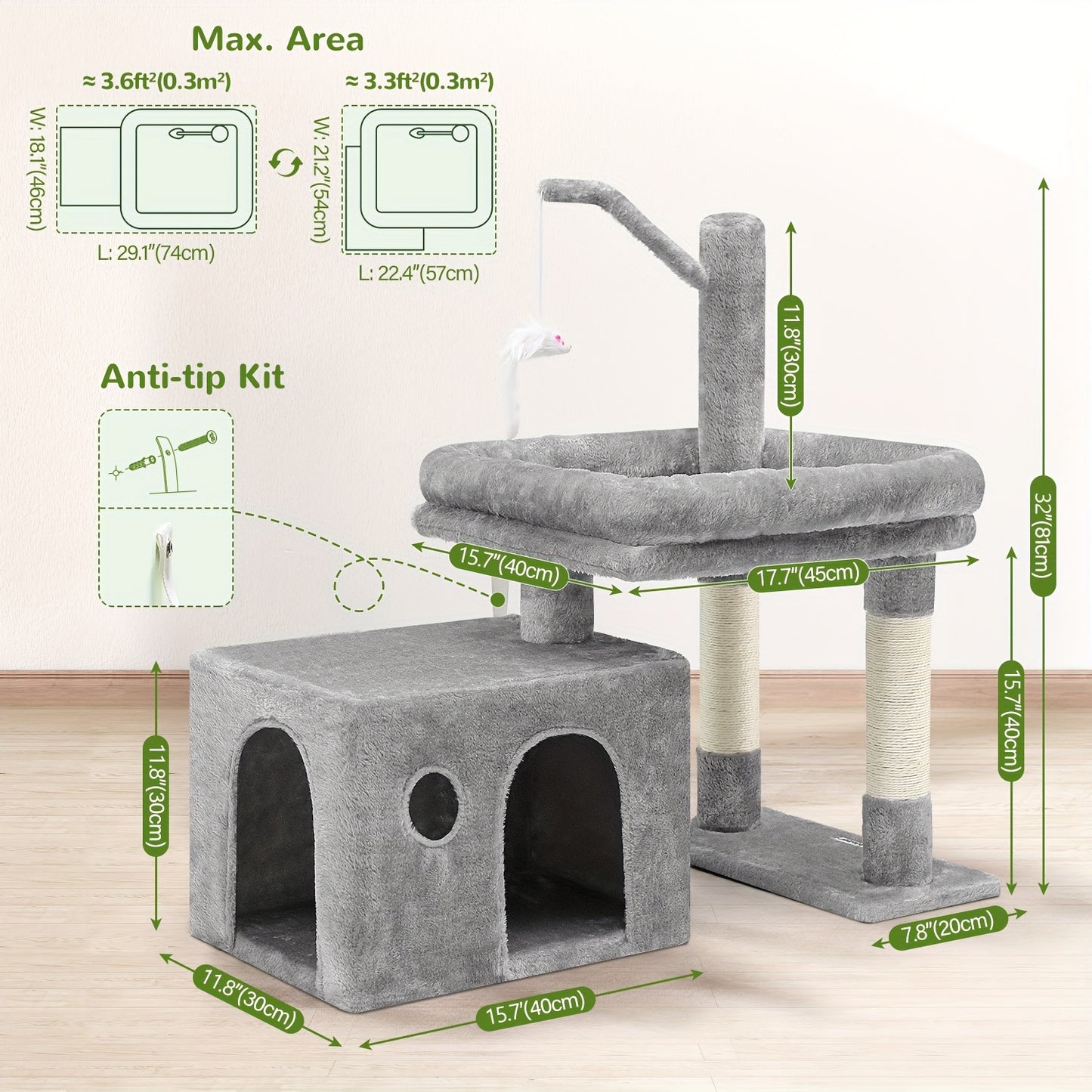 46" Sturdy Cat Tree Tower with Condo, Hammock & Scratching Posts – Ideal for Maine Coons & Large Cats