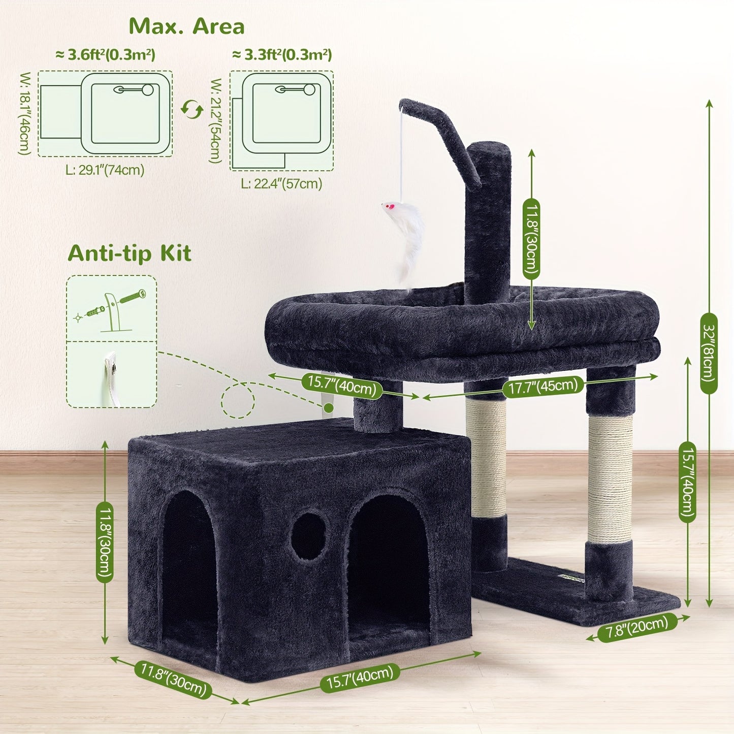 46" Sturdy Cat Tree Tower with Condo, Hammock & Scratching Posts – Ideal for Maine Coons & Large Cats