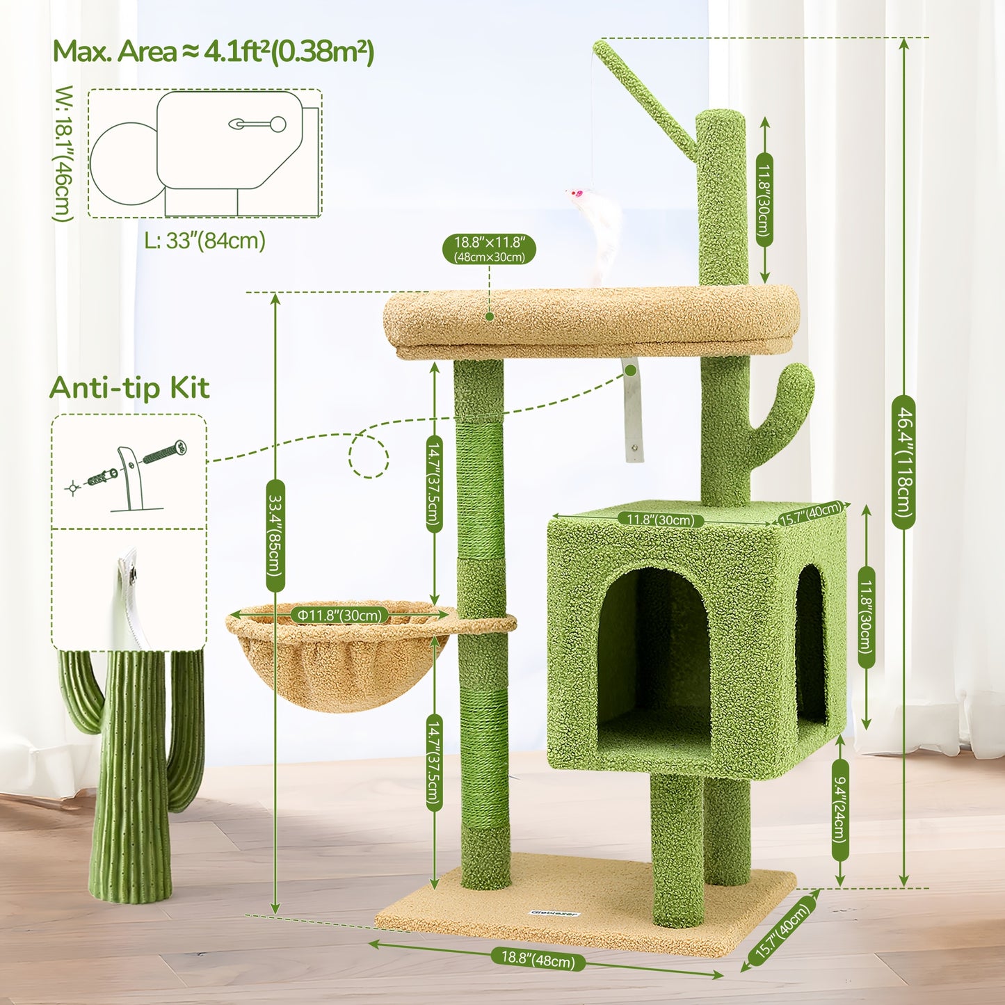 46" Sturdy Cat Tree Tower with Condo, Hammock & Scratching Posts – Ideal for Maine Coons & Large Cats