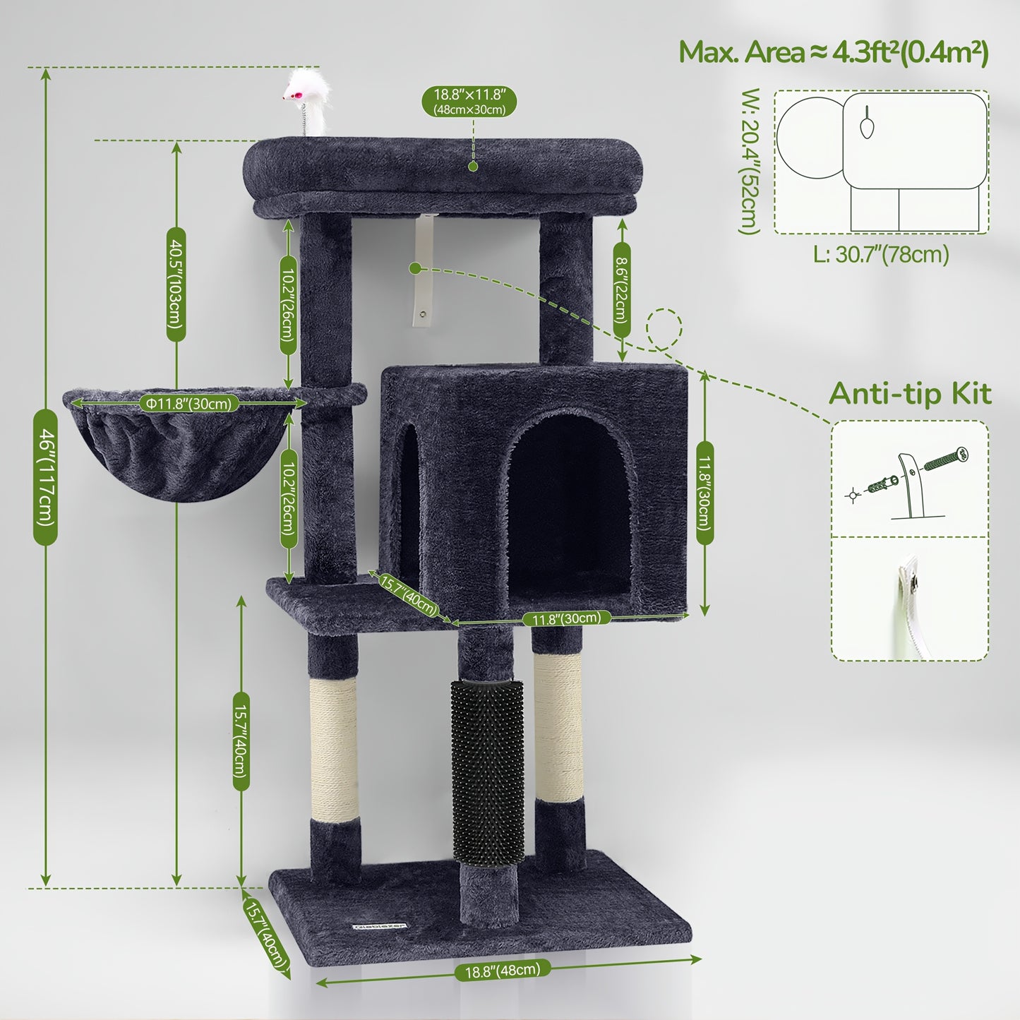 46" Sturdy Cat Tree Tower with Condo, Hammock & Scratching Posts – Ideal for Maine Coons & Large Cats