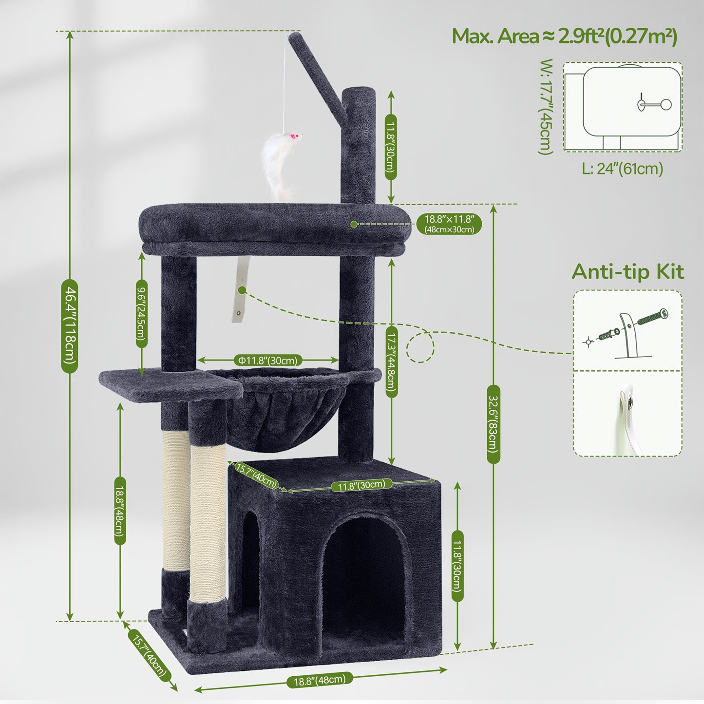 46" Sturdy Cat Tree Tower with Condo, Hammock & Scratching Posts – Ideal for Maine Coons & Large Cats