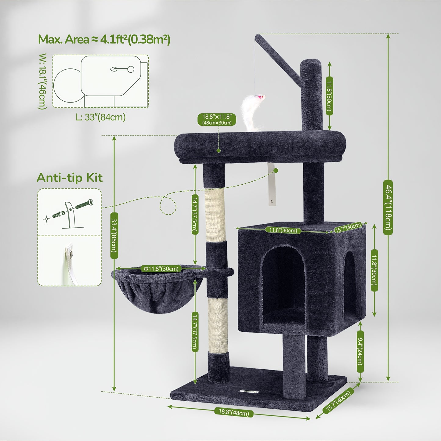 46" Sturdy Cat Tree Tower with Condo, Hammock & Scratching Posts – Ideal for Maine Coons & Large Cats