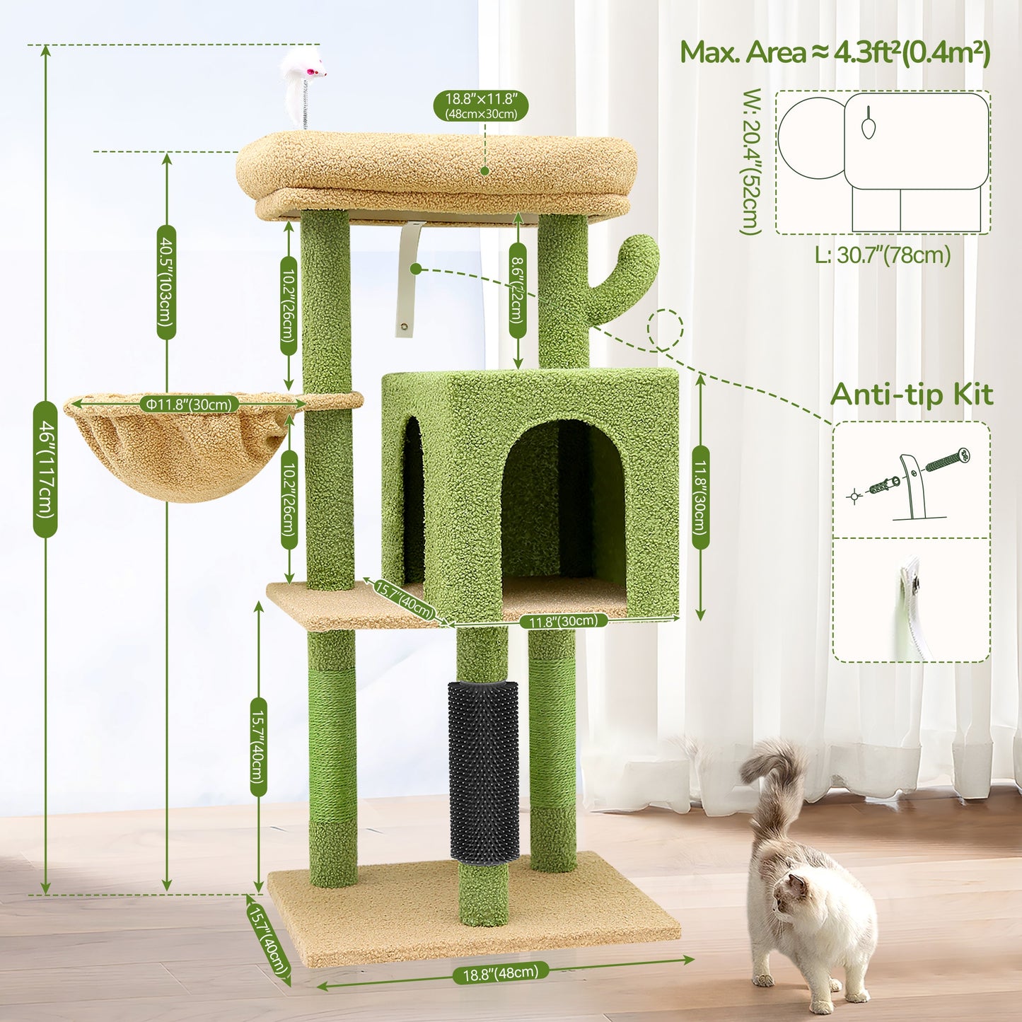 46" Sturdy Cat Tree Tower with Condo, Hammock & Scratching Posts – Ideal for Maine Coons & Large Cats