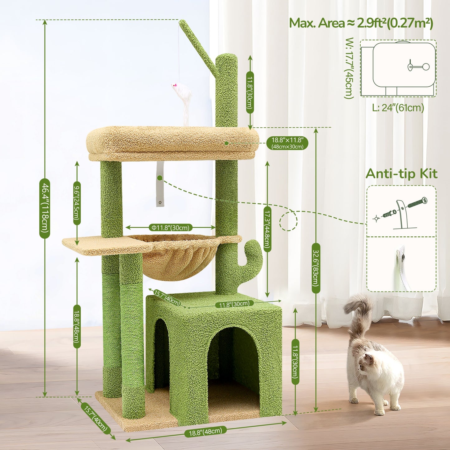 46" Sturdy Cat Tree Tower with Condo, Hammock & Scratching Posts – Ideal for Maine Coons & Large Cats