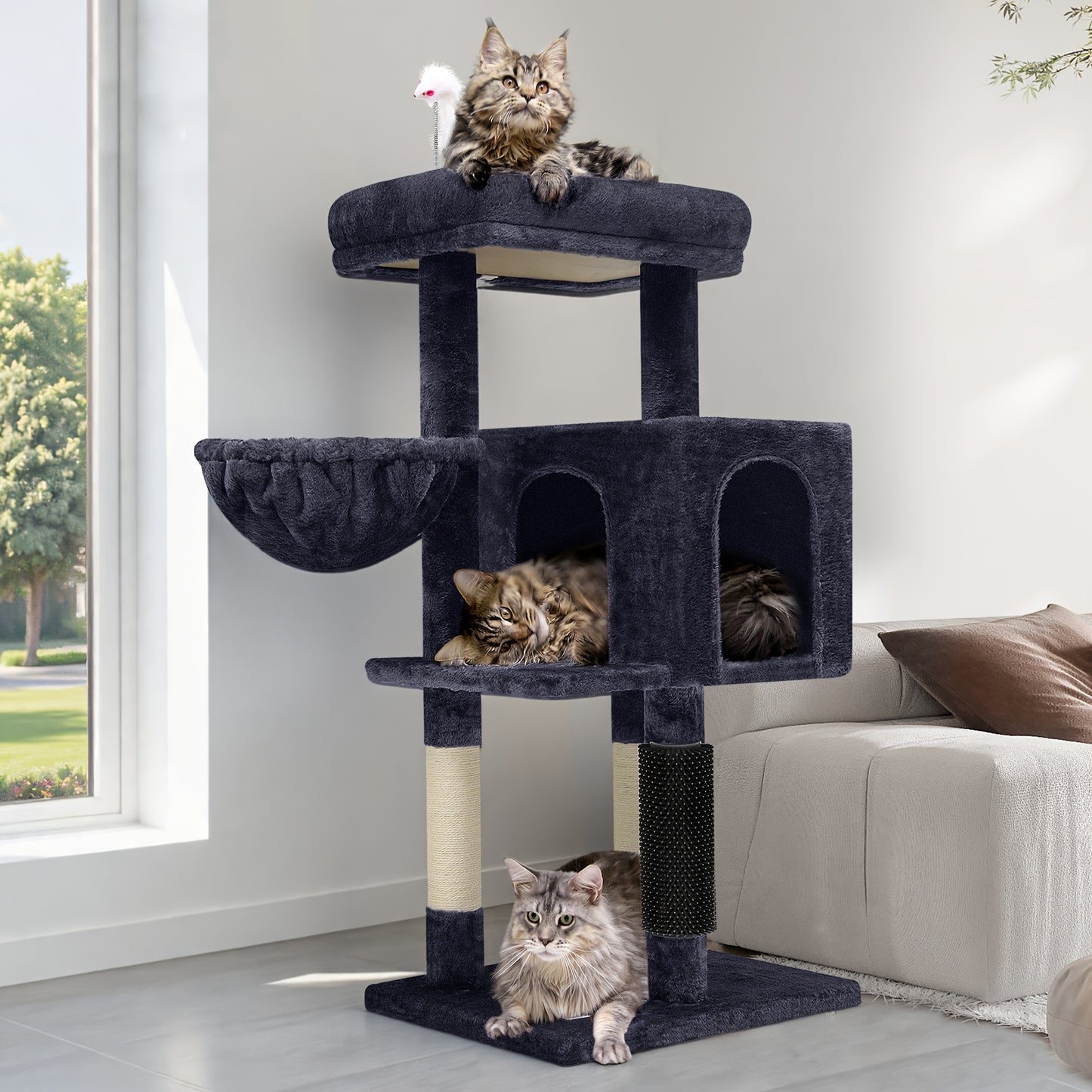 46" Sturdy Cat Tree Tower with Condo, Hammock & Scratching Posts – Ideal for Maine Coons & Large Cats
