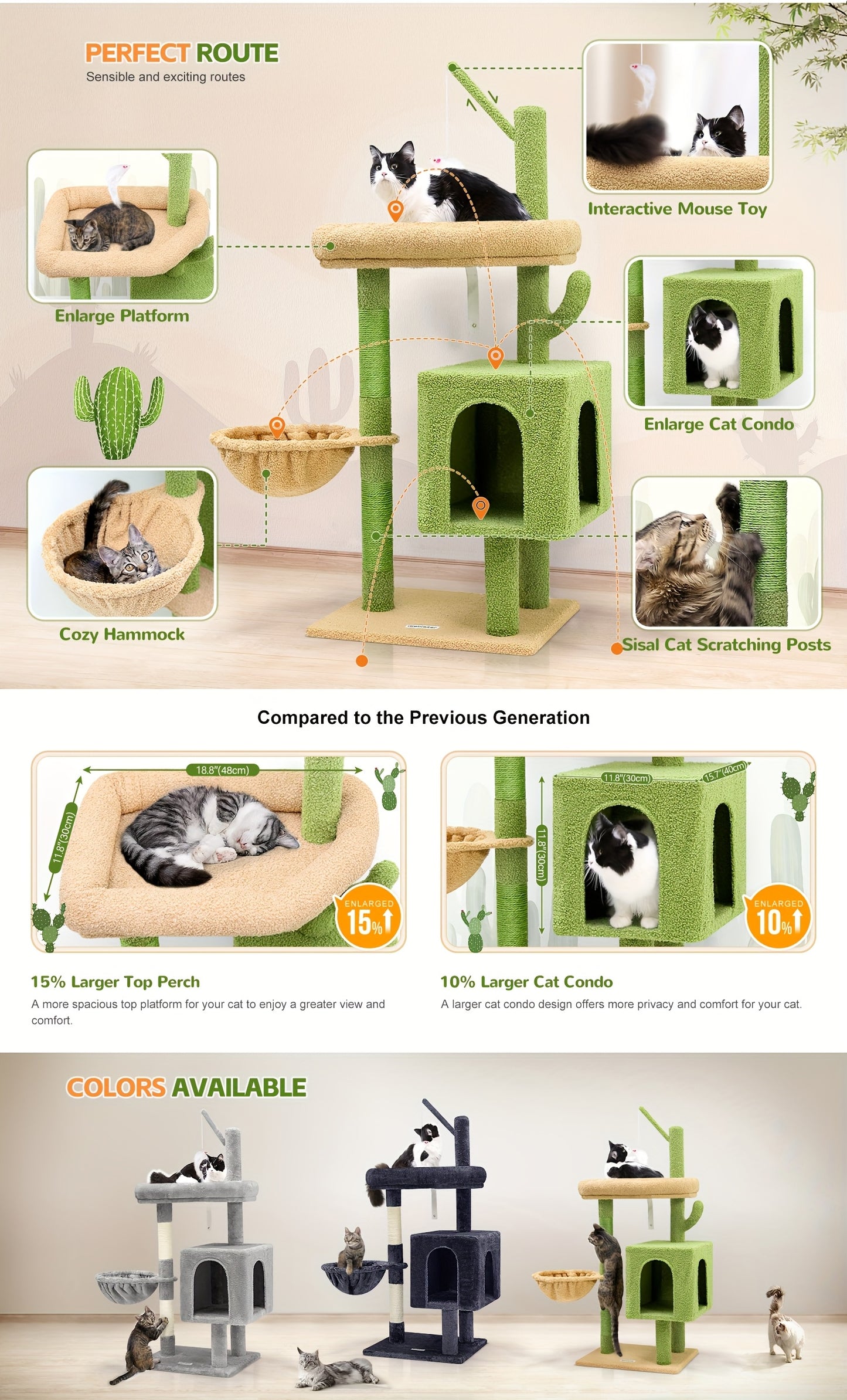 46" Sturdy Cat Tree Tower with Condo, Hammock & Scratching Posts – Ideal for Maine Coons & Large Cats