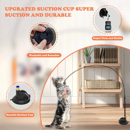 Interactive Bell & Feather Wand - Suction Cup Cat Teaser with Extended Pole