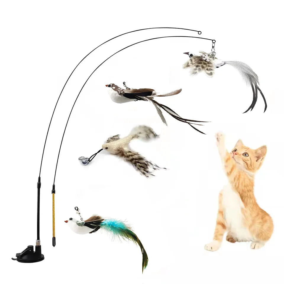 Interactive Bird Wand - Suction Cup Feather Teaser with Bell