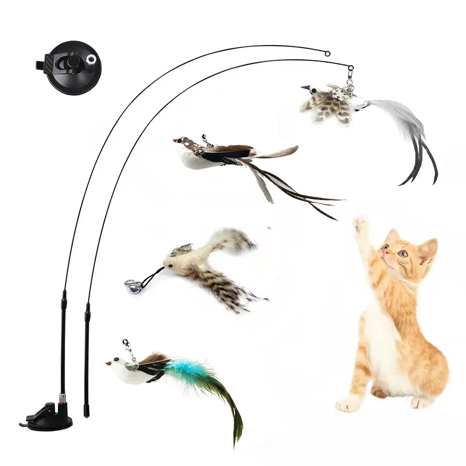 Interactive Bird Wand - Suction Cup Feather Teaser with Bell