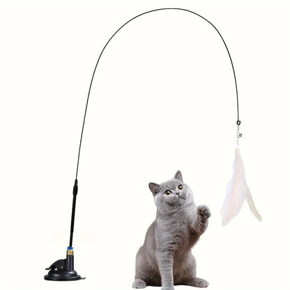 Interactive Bell & Feather Wand - Suction Cup Cat Teaser with Extended Pole