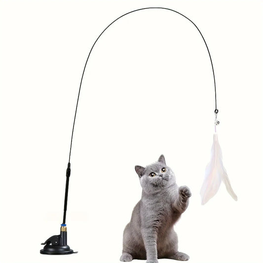 Interactive Bell & Feather Wand - Suction Cup Cat Teaser with Extended Pole
