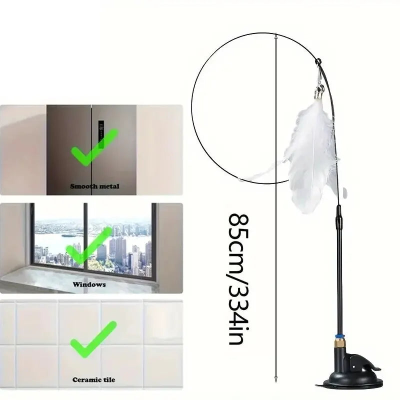 Interactive Bell & Feather Wand - Suction Cup Cat Teaser with Extended Pole