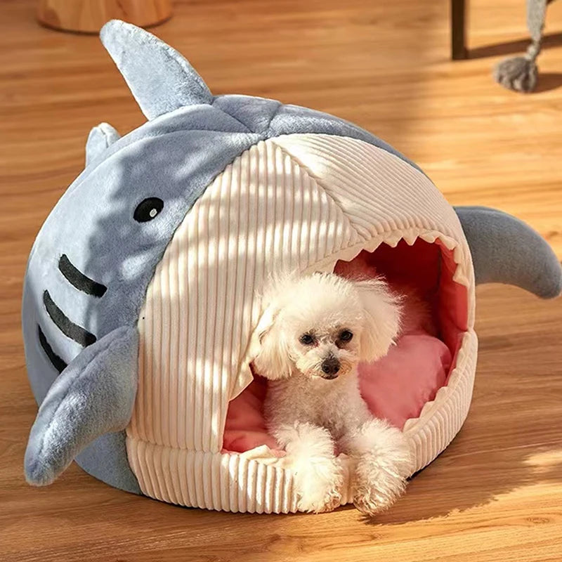 Cozy Shark Pet Cave Bed - Plush Winter Sleeping Pod