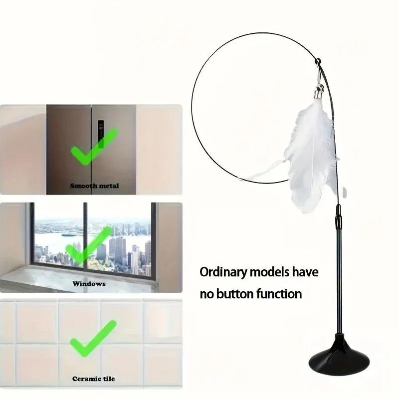 Interactive Bell & Feather Wand - Suction Cup Cat Teaser with Extended Pole