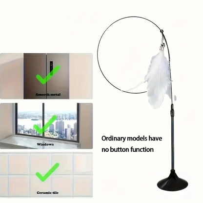 Interactive Bell & Feather Wand - Suction Cup Cat Teaser with Extended Pole
