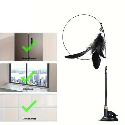 Interactive Bell & Feather Wand - Suction Cup Cat Teaser with Extended Pole