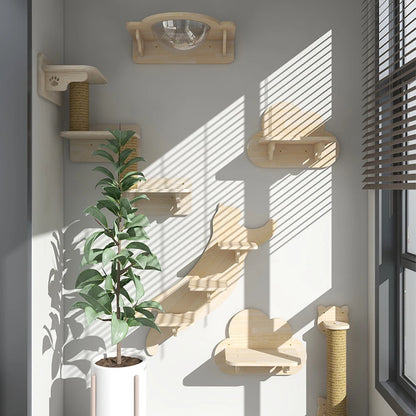 Wall-Mounted Cat Tree Platform - Wooden Climbing & Scratching System