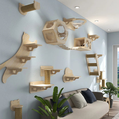 Wall-Mounted Cat Tree Platform - Wooden Climbing & Scratching System