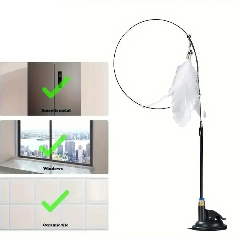 Interactive Bell & Feather Wand - Suction Cup Cat Teaser with Extended Pole