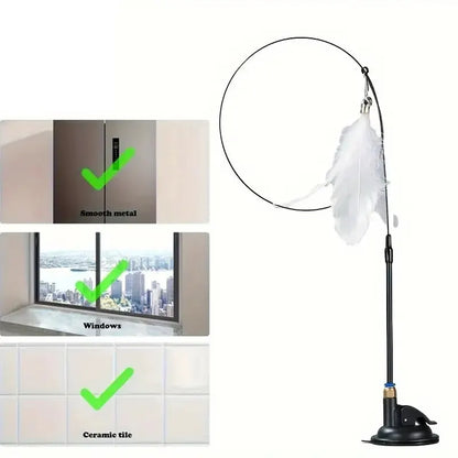 Interactive Bell & Feather Wand - Suction Cup Cat Teaser with Extended Pole