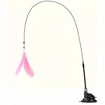 Interactive Bell & Feather Wand - Suction Cup Cat Teaser with Extended Pole