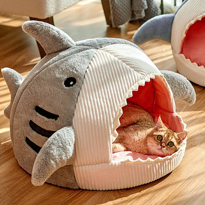 Cozy Shark Pet Cave Bed - Plush Winter Sleeping Pod