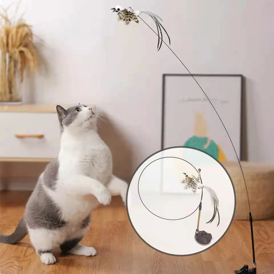 Interactive Bird Wand - Suction Cup Feather Teaser with Bell