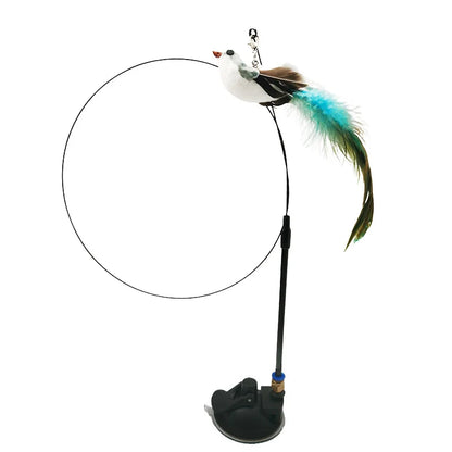 Interactive Bird Wand - Suction Cup Feather Teaser with Bell