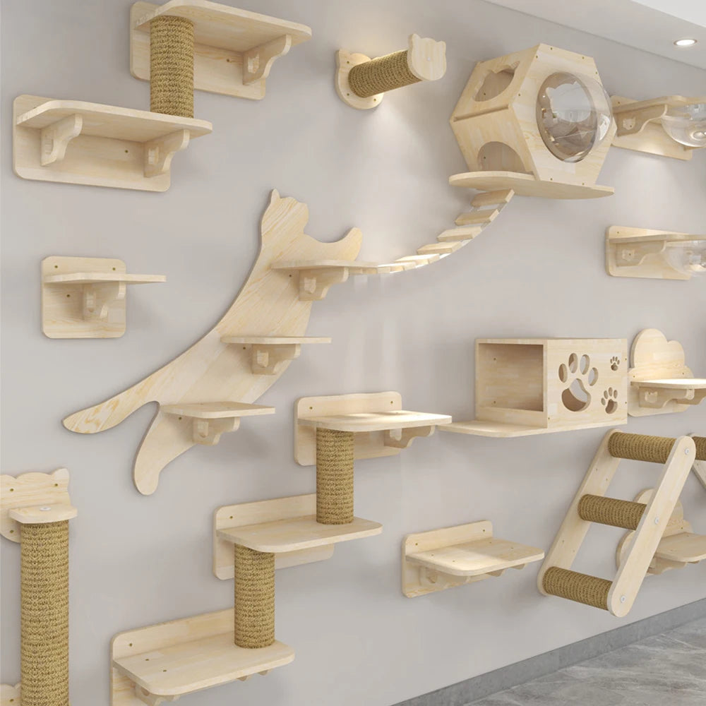 Wall-Mounted Cat Tree Platform - Wooden Climbing & Scratching System