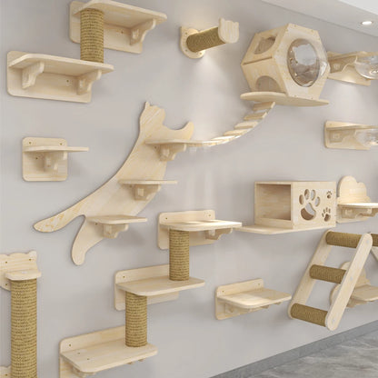 Wall-Mounted Cat Tree Platform - Wooden Climbing & Scratching System