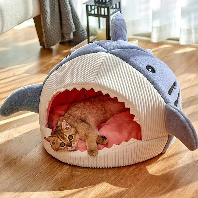 Cozy Shark Pet Cave Bed - Plush Winter Sleeping Pod